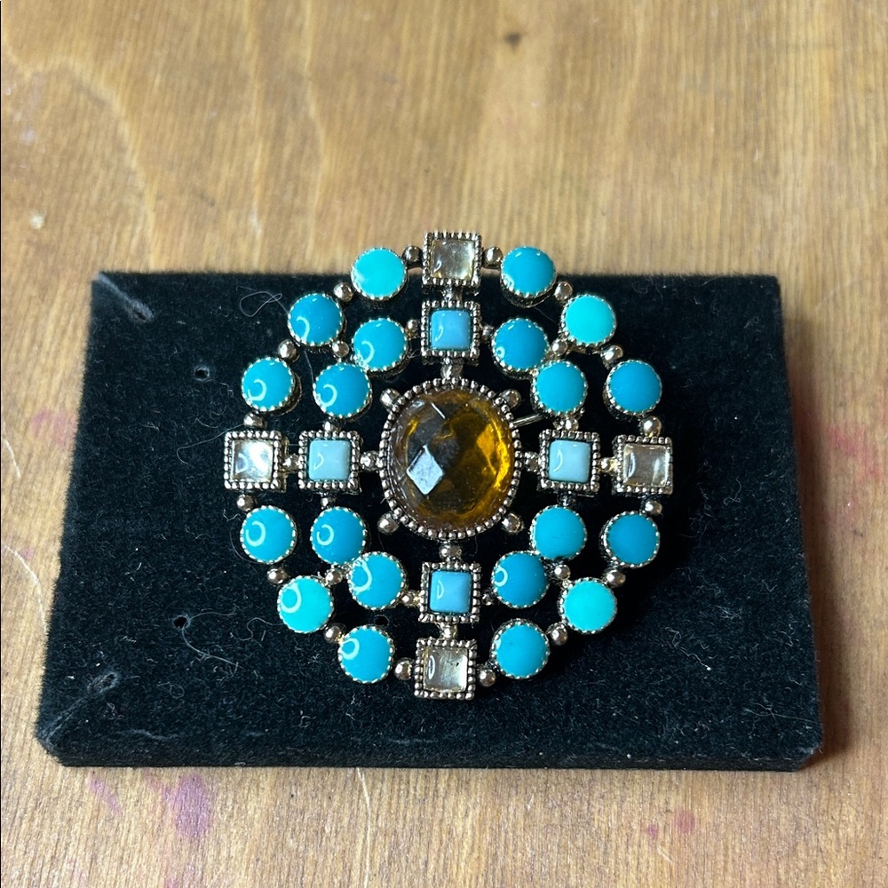Liz Claiborne Silver Toned Faux Turquoise and Amber Brooch